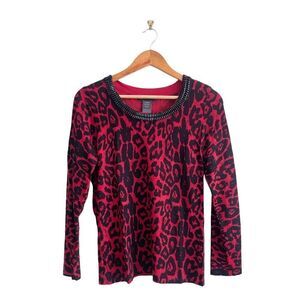 INC Leopard Sweater Top Red Black Bead Collar Trim Women's Petite M Long Sleeved
